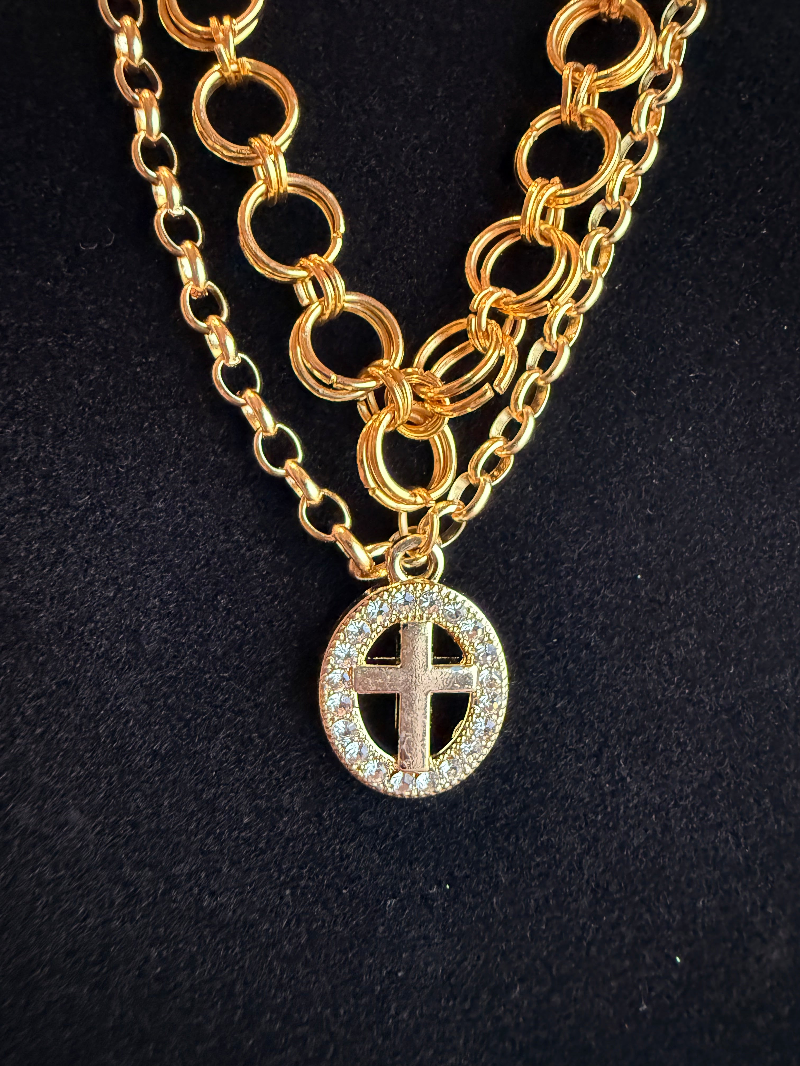 Gold chainmail stainless steel necklace with cross charm